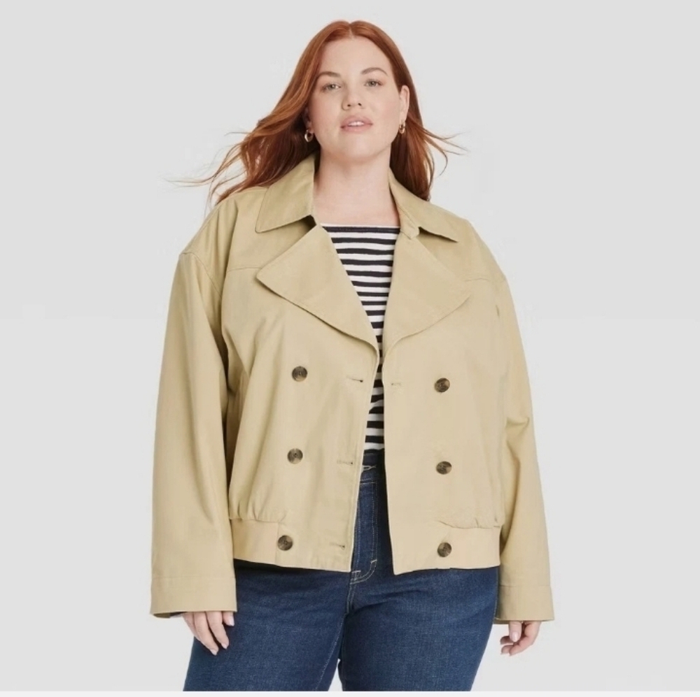 Universal Thread Women's Tan Twill Cotton Cropped Length Trench Coat